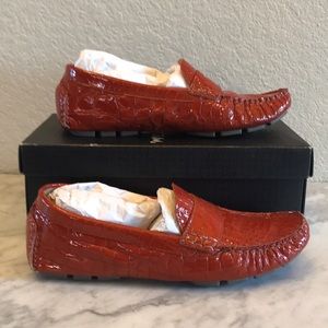 Cole Haan penny driver, in orange patent crocodile
